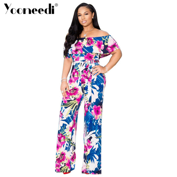 Yooneedi 2019 Summer New Arrival Beach Style Women Jumpsuits 2 Color Print Slash Neck Short Sleeve Ladies Rompers XMY-9151