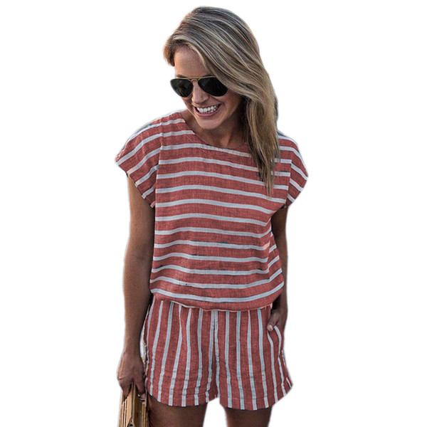 Summer Striped Short Jumpsuit Women Elegant O Neck Lace Up Backless Short Sleeve Casual Beach Maxi Rompers