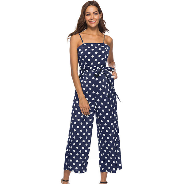 Blue Polka Dots Spaghetti Strap Jumpsuit Women Plus Size Backless High Waist Rompers Pockets Wide Leg Pants Summer Overalls