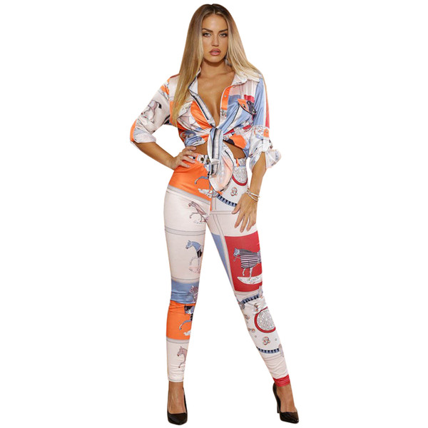 Wholesale-Women Two Piece Set Vintage Print Jumpsuit Rompers Long Sleeve Casual Ladies Work Office Party Elegant Jumpsuit Bodycon Overalls