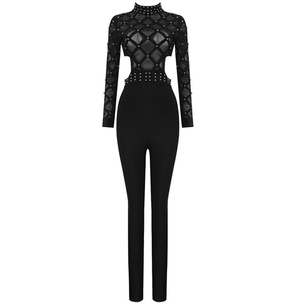 New spring runway bandage jumpsuit female models elegant sexy beaded hollow black long-sleeved lace club bodycon jumpsuit