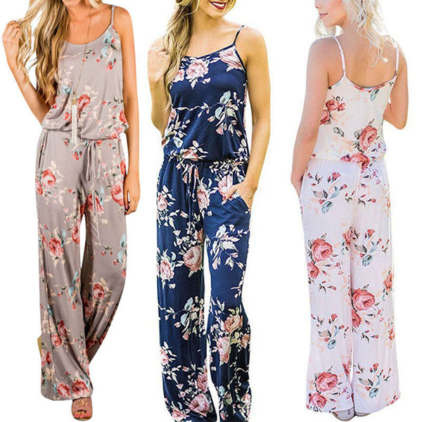 Women Spaghetti Strap Floral Print Romper Jumpsuit Sleeveless Beach Playsuit Boho Summer Jumpsuits Long Pants 10pcs