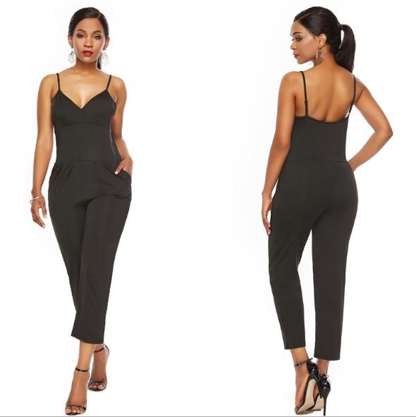 new Trendy Women Ladies Sleeveless Bodycon solid Black V-neck Romper backless strap Polyester Jumpsuit one pieces L-4XL