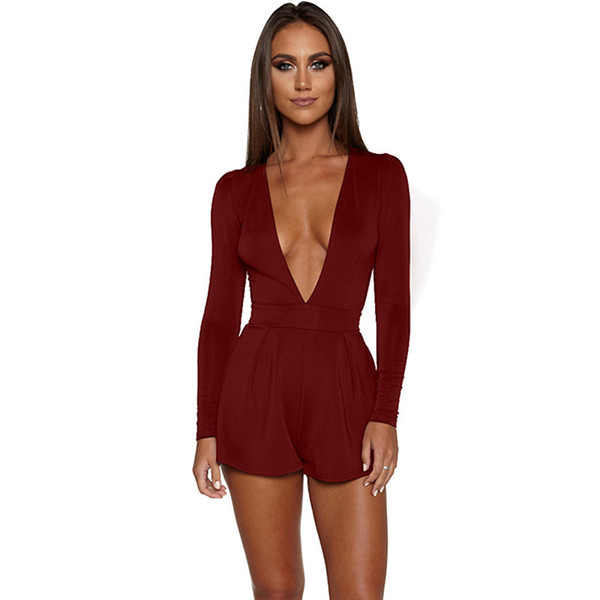 Wholesale free shipping sexy deep V neck bodycon rompers back zipper shorts full sleeve womens jumpsuit