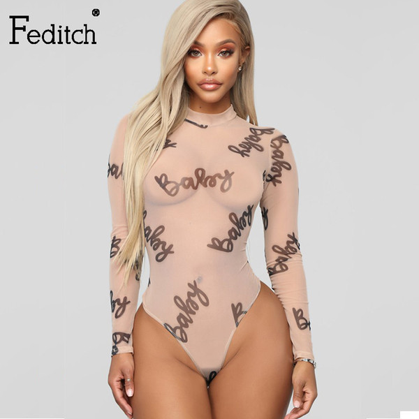 Feditch Bodysuit Mesh Rompers Womens Jumpsuit Summer One Piece Letter Print Overalls Female O Neck Sexy Beach Playsuit Body