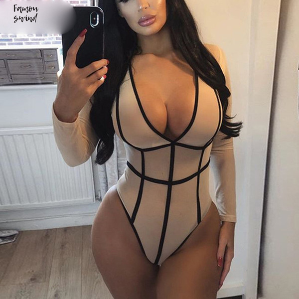 4 Colors Bodysuit Long Sleeve Overalls Women Fashion Patchwork Sexy V Neck Perspective Mesh Bodysuit Jumpsuit Bodysuit