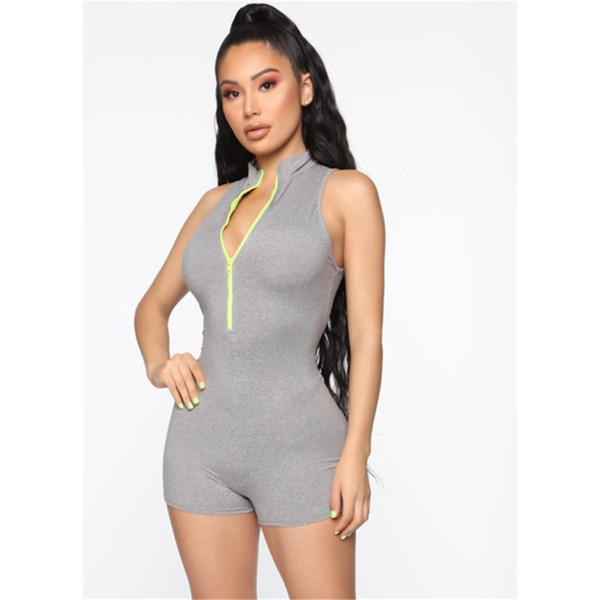 Summer Sleeveless Fashion Jumpsuits Romper Clothes set Causal Front Zipper up Solid Slim mini playsuit Fitness Club Outfits New