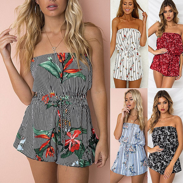 Maikun New Brand Sexy Off Shoulder Floral Printed Short Jumpsuits for Women 5 Colors 4 Sizes