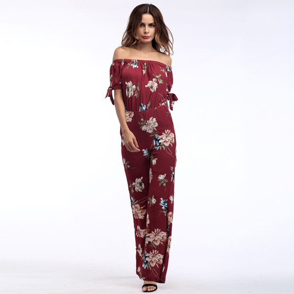 Spring New Products Off-the-shoulder Collar Solid Color Wide-leg Female Floral Chiffon Jumpsuit Popular Trend Female jooyoo