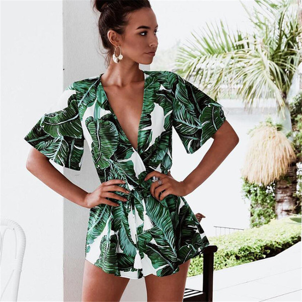 Summer Fashion Sexy Leaf V-Tie Couplet Pants Women's Jumpsuit Fashion Female Style Popular Trend High Good Quality jooyoo