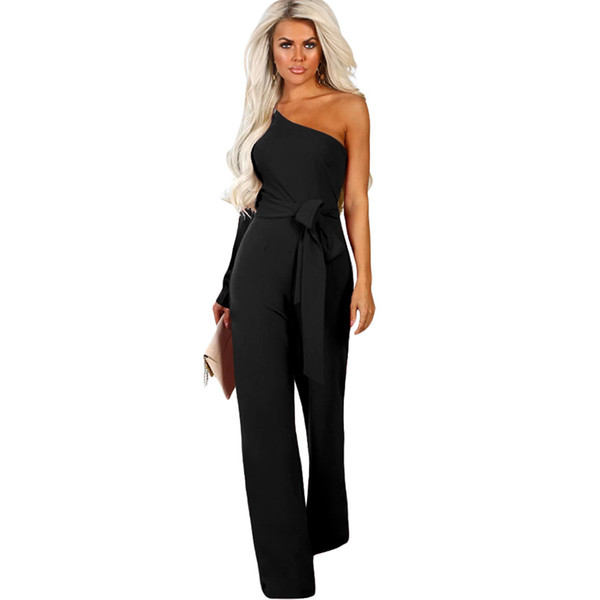 Fashion Trend Personality Temperament New One-shoulder Oblique Collar Long-sleeved Slim Dress High Waist Tie Women Was Thin Jumpsuit 64463