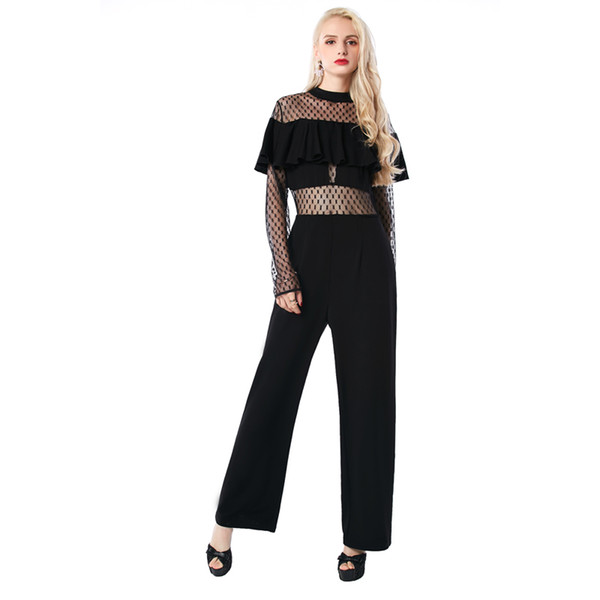 Beauty Garden Women Jumpsuits New Fashion Long Sleeve Wide -leg Hollow Out Sexy Mesh High Neck Jumpsuits