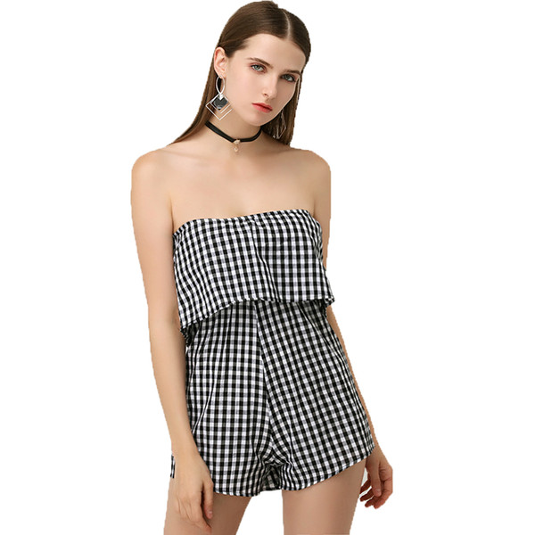 Fashion Plaid Jumpsuit Strapless Short Elastic Waist Jumpsuits Summer Club Loose Jumpsuit For Women