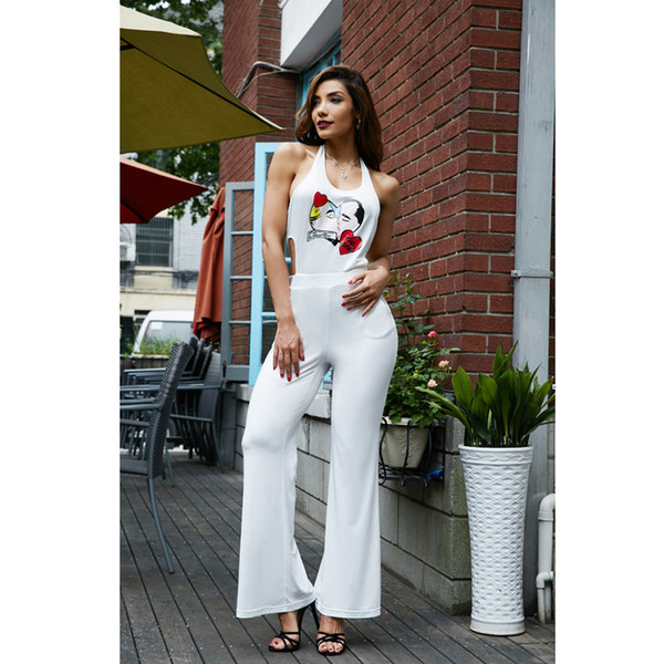 Women Clothes Rompers Polyester 2 Color Beauty Garden Fashion Print Backless Hollow Out Beige/White Wide Leg Jumpsuits For Women