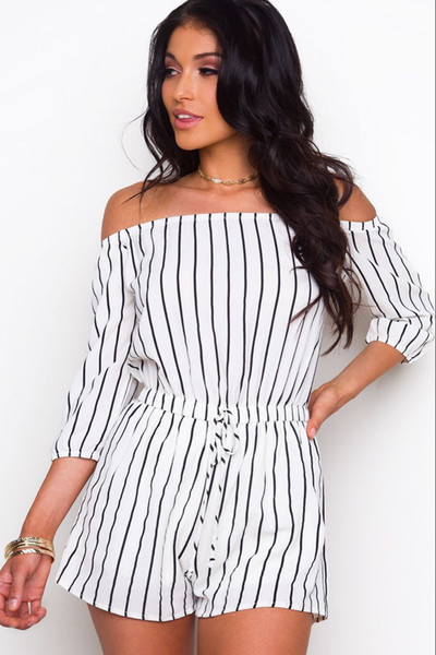 Bucrsatn Free Shipping Women's 2018 new one-neck collar striped seven-point sleeves jumpsuit