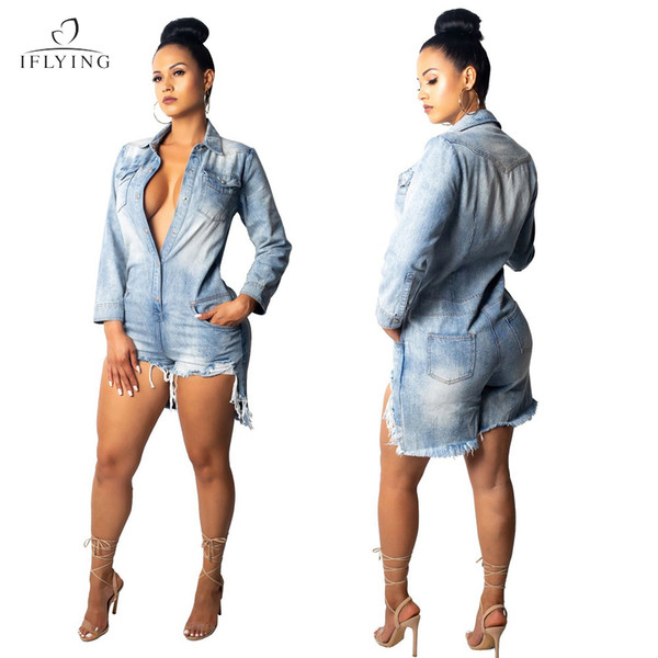 Women Autumn Sexy Jeans Slim Fit Jumpsuit Loose Long Sleeve Slim Casual Rompers Female with Pocket Playsuit