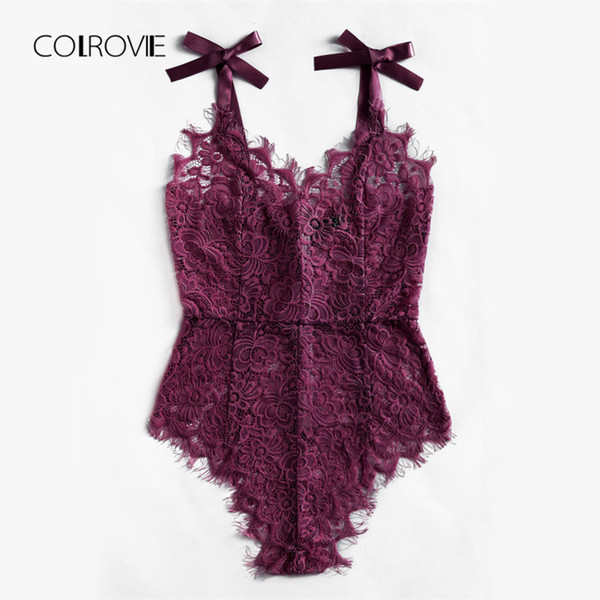 COLROVIE Sexy Bodysuit Purple V neck Strap Sleeveless Backless Lace Bodysuit Ribbon Tie Shoulder Floral Skinny