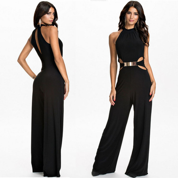 Women Sleeveless Jumpsuit Halter Neck European Style Slim One Piece Long Pants Flared Trousers Ladies Rompers Wide Legs