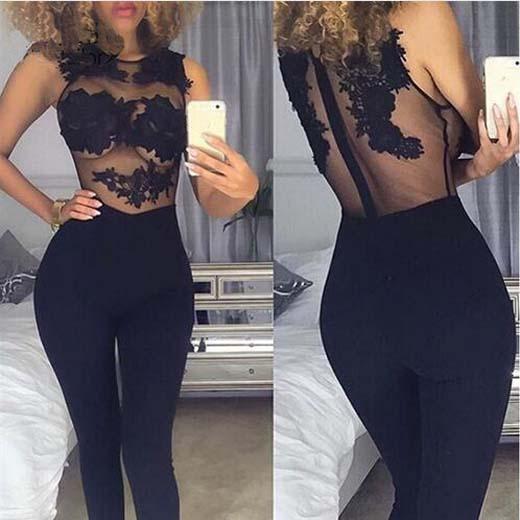 Women Sexy Long Pants Jumpsuit Special for Valentine's Date Lace Bodysuit Transparent Mesh Embroidery Bodycon Jumpsuit Club Lace Rompers