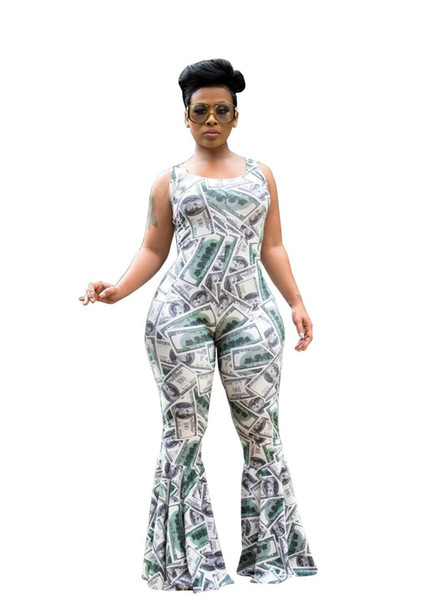 New Boot Cut Women Jumpsuits Funny Printed US Dollars Sexy Sleeveless Strap Bodycon Romper Pants Playsuit