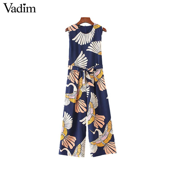 Vadim women cute crane print jumpsuits bow tie sashes pockets sleeveless pleated rompers retro ladies casual jumpsuits KA140