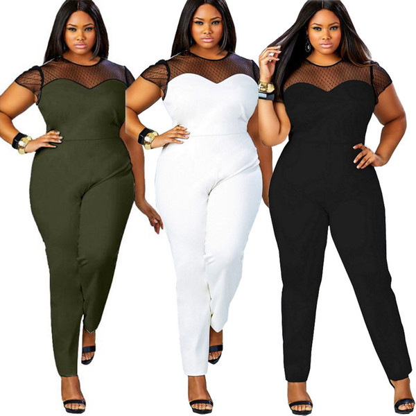 Wholesale- 4XL Elastic Lace Patchwork O Neck Short Sleeve Plus Big Size One Piece Overall Women Jumpsuit