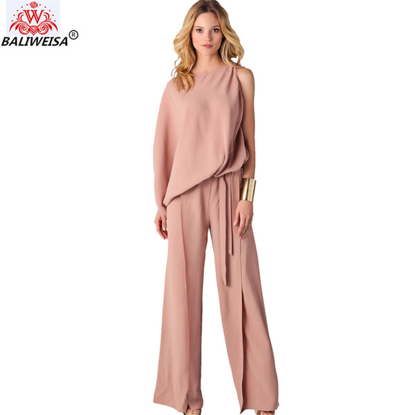 BALIWEISA Pink Wide Leg Long Pants Jumpsuits Women Elegant OL Office Jumpsuits New Sexy O-Neck Split Female Rompers Work Clothes