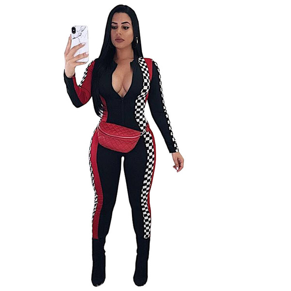 Sexy Bodycon Jumpsuit Color Block Checkerboard Rompers 2018 Motor Sporting Spandex Overalls Women One Piece Outfit