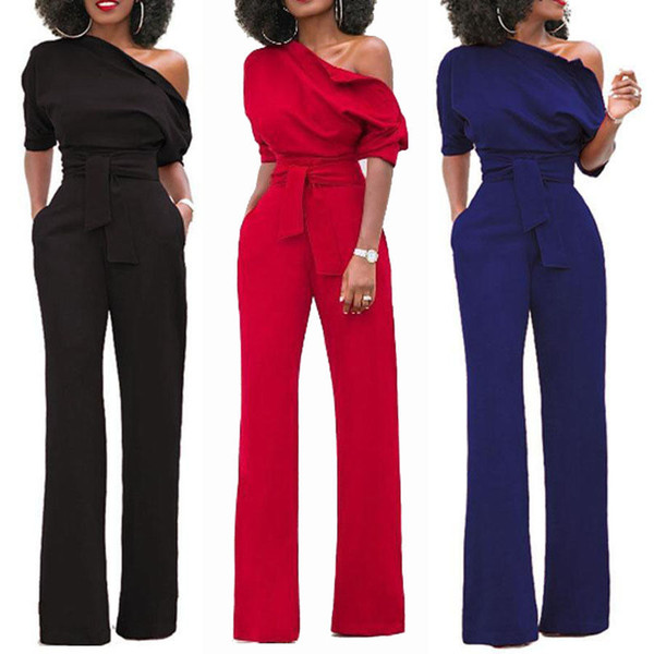 Womens Ladies Clubwear Playsuit Bodysuit Party Jumpsuit Romper Wide Leg Long Trousers Black Red Blue