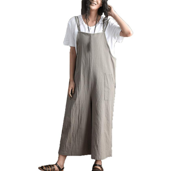 2017 Cotton Linen Spaghetti Strap Loose Summer New Women Casual Sleeveless Jumpsuit Black &Gray KTR#62