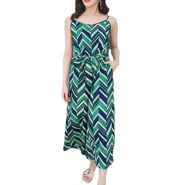 Rompers Womens Jumpsuit Summer Holiday Women Sleeveless Vest Green Striped Print Jumpsuits Women Wide-Legged Chiffon Bodysuit