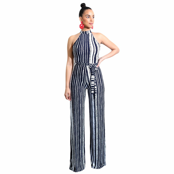 Striped Print Sashes Sleeveless Overalls Jumpsuits Outfit 2018 Summer women playsuits casual sexy fashion Bandage rompers M737