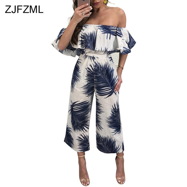 ZJFZML Blue Leaves Print Summer Wide Leg Jumpsuit Women Slash Neck Short Sleeve Long Overall Casual Cold Shoulder Ruffles Romper