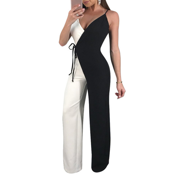 Women Spaghetti Strap Jumpsuit Sexy Deep V Neck Sleeveless Ladies Playsuits Bodycon Bandage Hit Color Splicing OL Female Rompers