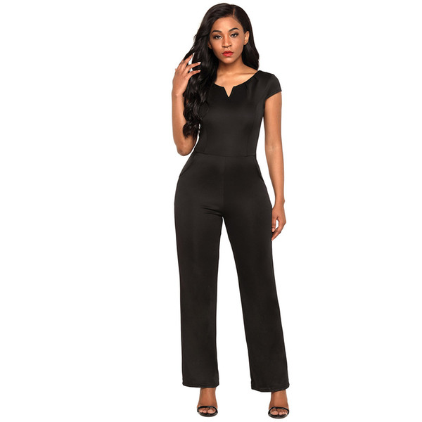 Women Fashion Short Sleeve V Neck Back Zipper Top High Waist Full Length Pants Jumpsuits with Pockets