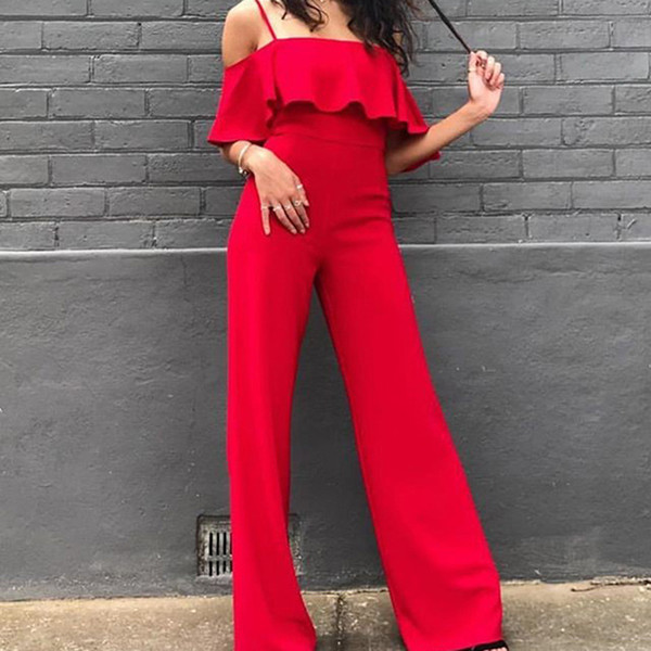 Off the shoulder wide leg jumpsuit Women solid ruffles maxi jumpsuits Summer high waist pants Overalls female long rompers