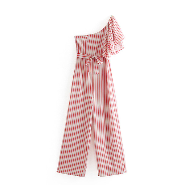 Striped Printed Long Jumpsuits Womens Sexy One Ruffled Shoulder Summer Playsuits Women Belt Waist Wide Leg Pants Female EL24