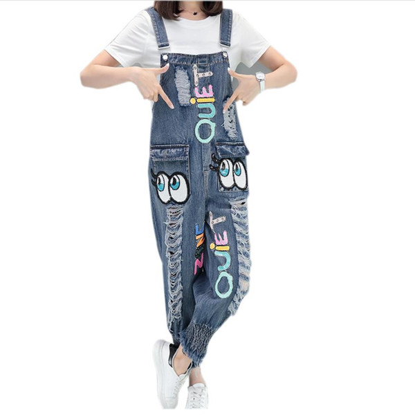 2018 spring new Harajuku style cartoon sequined letters hole denim jumpsuit pants female cotton hollow out harem jeans pant L258