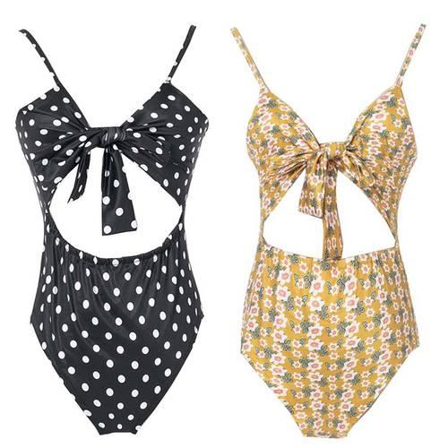 Women's Bodysuit Floral Hollow Out Bowknot Design Swimsuit V Neck Women's Jumpsuits & Rom Floral Pattern Black Yellow Color Chinlon Material