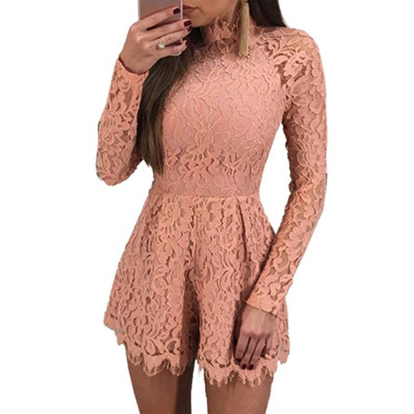 Elegant Hollow Out Lace Rompers Womens Summer Jumpsuit Sexy Ladies Casual Long Sleeve Overalls Short Playsuit WS3980V