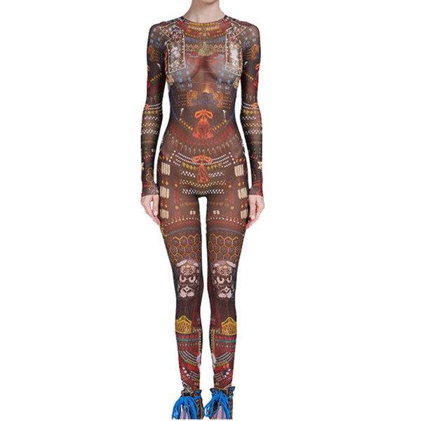 Free Shipping Jumpsuit Women Tribal Tattoo Printing Mesh Long Sleeve Sexy Bodysuit Celebrity Catsuit Playsuit Bodycon Jumpsuit