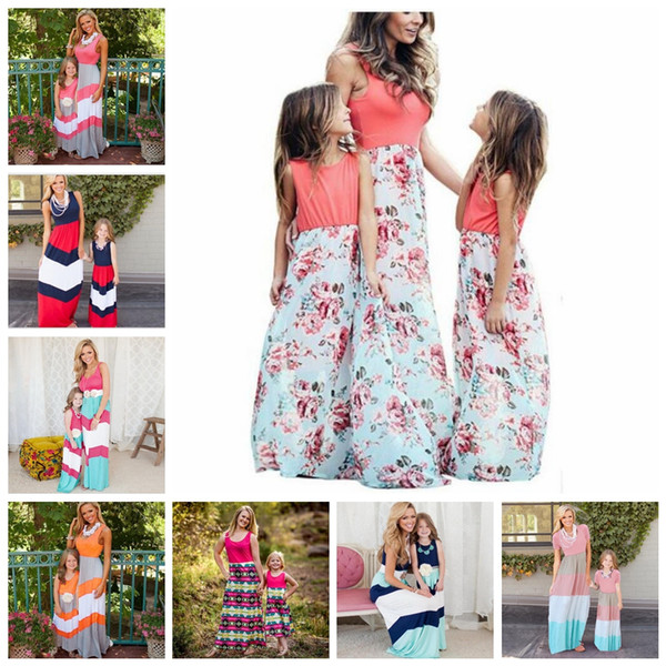 Parent-child Sleeveless Long Dress 24 Styles Mother Daughter Striped Floral Beach Maxi Dresses Vest Patchwork Dress Matching Outfits OOA6656