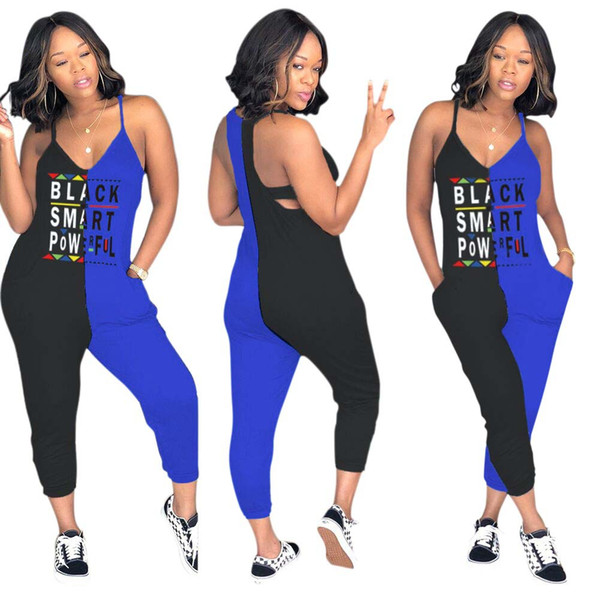 Women Sleevless slim letter Jumpsuit v-neck pocket balck smart Pants Club Sexy patchwork Playsuit Party Ladies Rompers Outfit LJJA2290