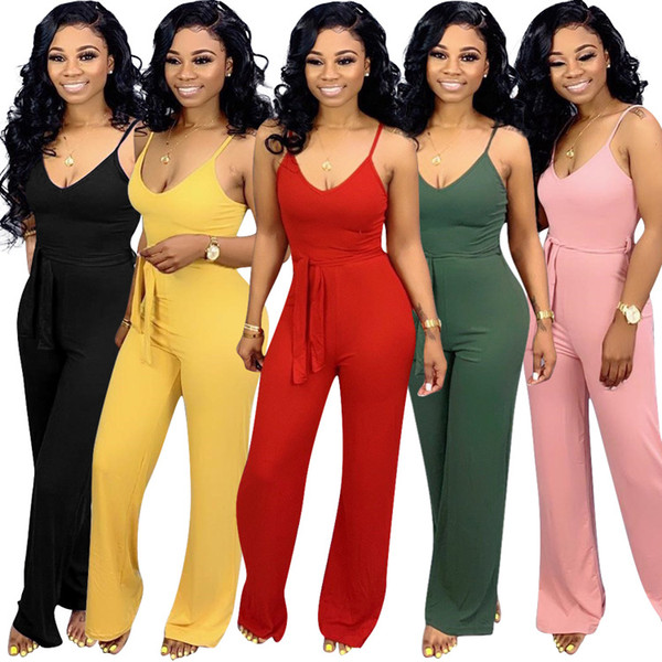 Women Spaghetti Strap Jumpsuit 5 Colors Solid Color Wide Legs Slim Bodycon Romper Bodysuit Pants LJJO6580