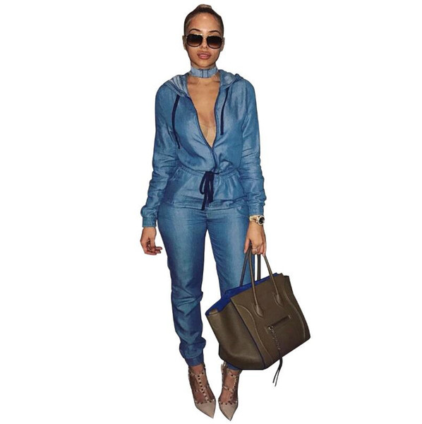 Women Hooded Jeans Jumpsuit Zipper Up Drawstring Waist Long Sleeve Denim Romper Casual Overalls Autumn Winter Outfits