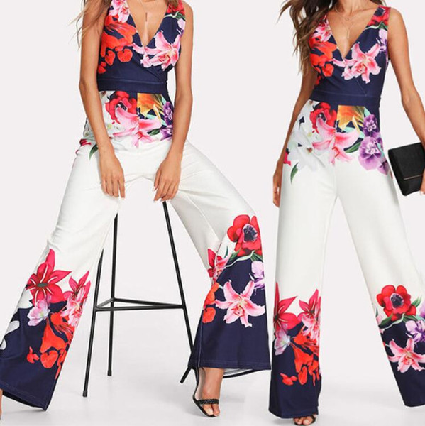 NEW Women Playsuit Sexy V-neck Floral Jumpsuit Sexy Lady Clubwear Flower Summer Playsuit Wide Leg Party Jumpsuit Romper