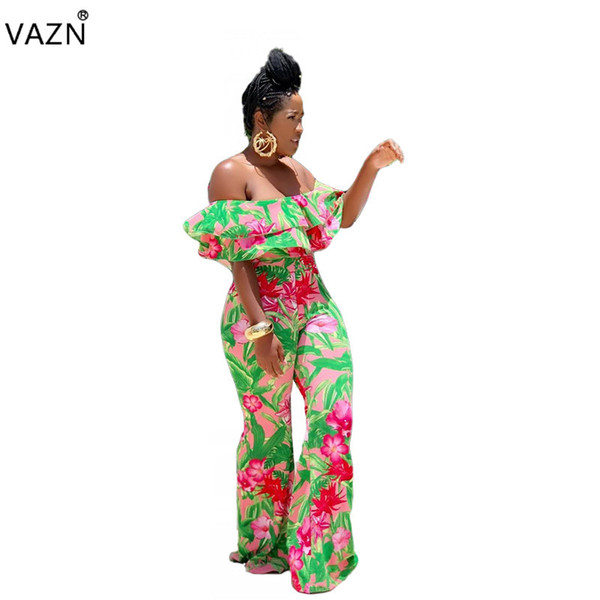 VAZN 2018 summer hot floral print jumpsuits women slash neck short sleeve jumpsuits ladies hollow out straight L5039