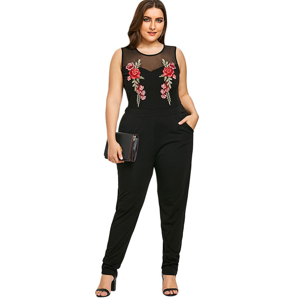 Gamiss Women Summer Plus Size 5XL Embroidery Mesh Yoke Sleeveless Jumpsuit Ladies Elegant Office Wear Ankle-Length Jumpsuits