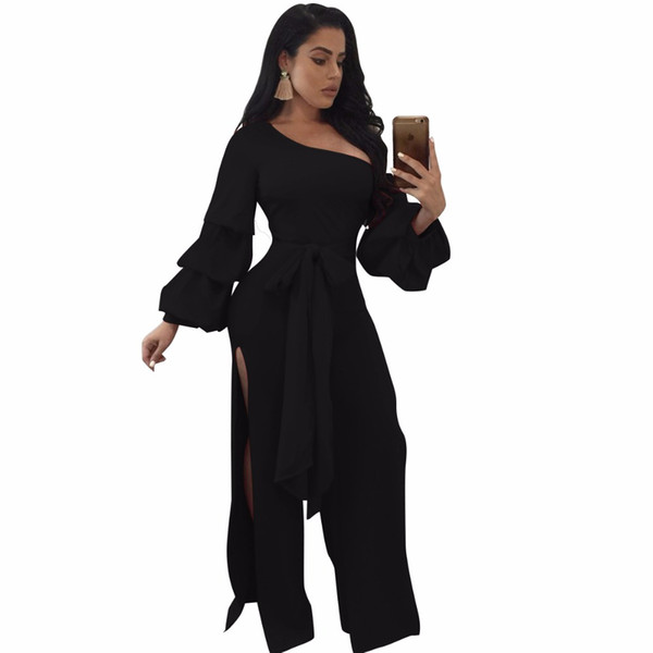CM.YAYA Both sides split lantern sleeve Jumpsuits Overalls 2018 Winter women fashion Casual bodycon bandage Sexy Rompers J7488K