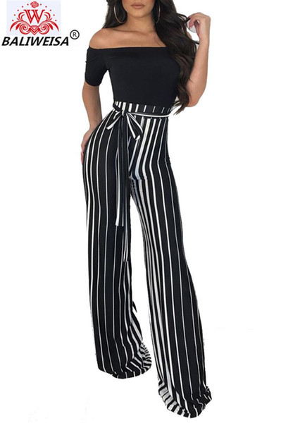 BALIWEISA Slash Neck Wide Leg Jumpsuit Elegant Casual Women Bandage Striped Jumpsuit Off Shoulder Fashion Sexy Female